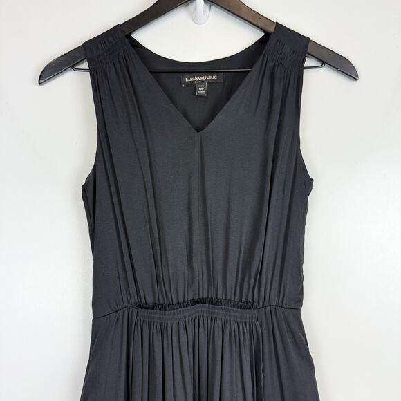 Banana Republic Maxi w Slits Pleated Vneck Dress Black Satin - 0P 0 Petite - Picture 2 of 12